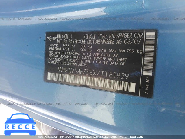 2007 Mini Cooper WMWMF735X7TT81829 image 8