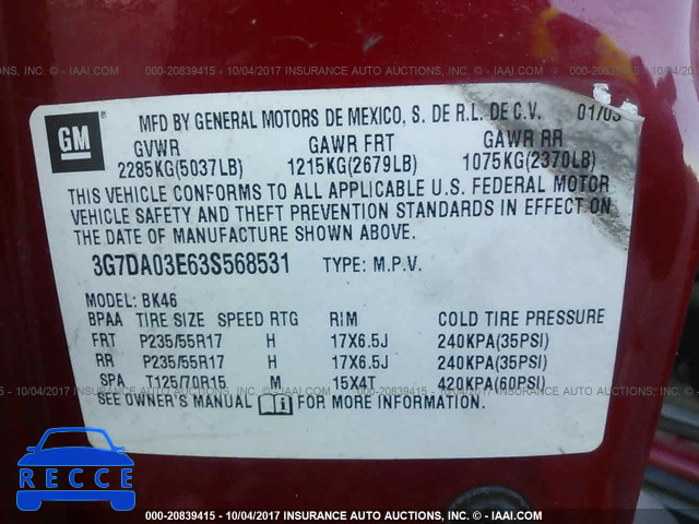 2003 PONTIAC AZTEK 3G7DA03E63S568531 image 8