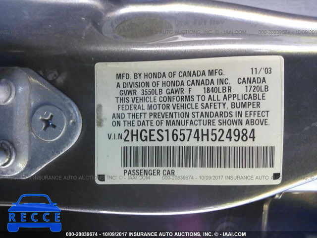 2004 Honda Civic 2HGES16574H524984 image 8