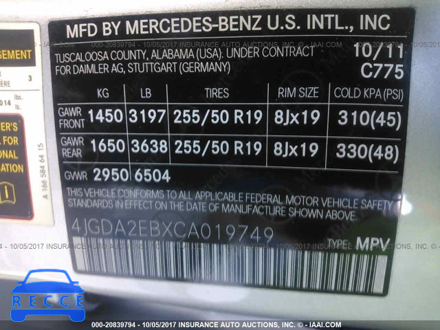 2012 Mercedes-benz ML 4JGDA2EBXCA019749 image 8