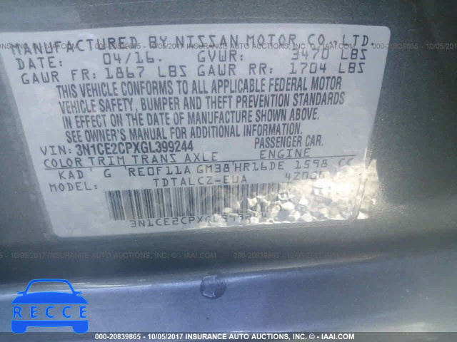 2016 NISSAN VERSA NOTE S/S PLUS/SV/SL/SR 3N1CE2CPXGL399244 image 8