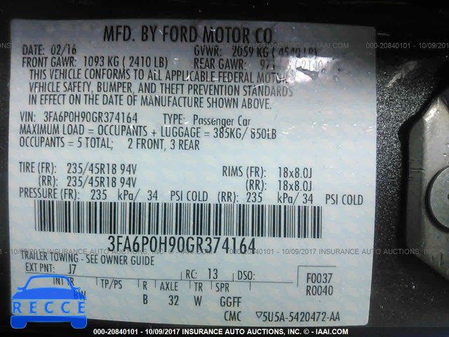 2016 Ford Fusion 3FA6P0H90GR374164 image 8