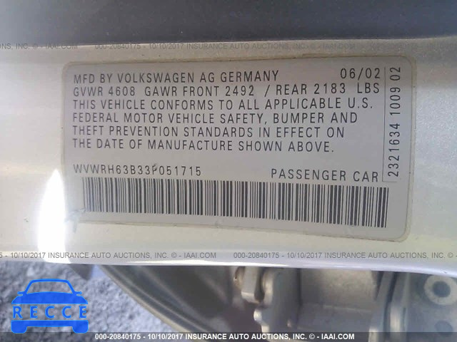 2003 Volkswagen Passat GLX WVWRH63B33P051715 image 8
