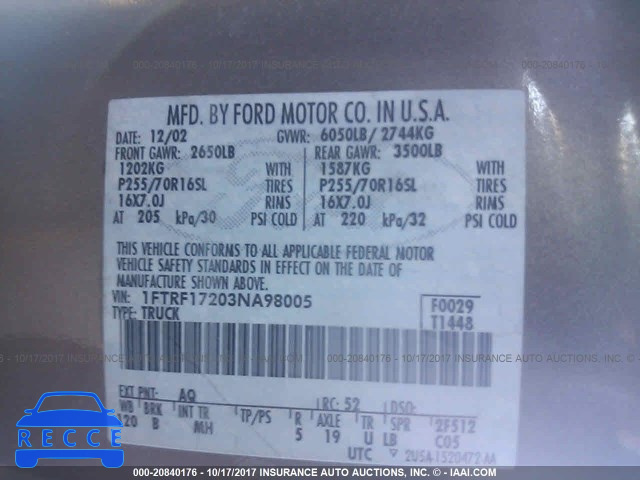 2003 Ford F150 1FTRF17203NA98005 image 8