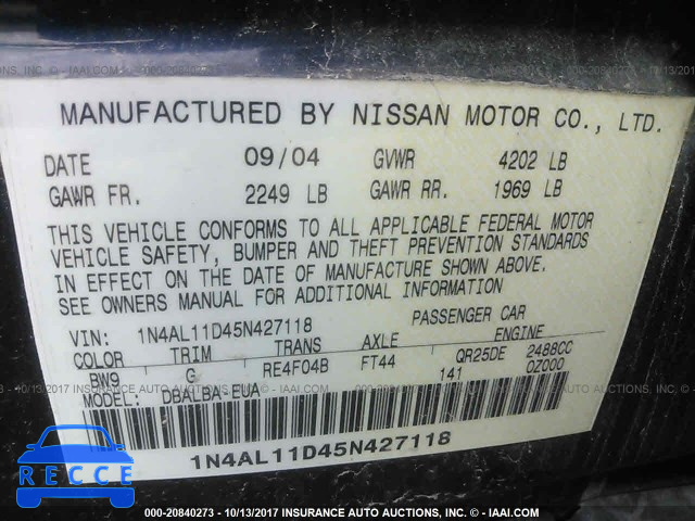 2005 Nissan Altima 1N4AL11D45N427118 зображення 8