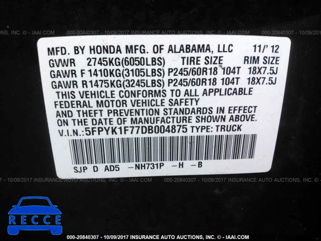 2013 Honda Ridgeline SPORT 5FPYK1F77DB004875 image 8