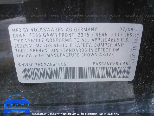 2010 Volkswagen CC SPORT WVWML7ANXAE510551 зображення 8