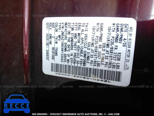 2009 Nissan Murano S/SL/LE JN8AZ18W29W133043 image 8
