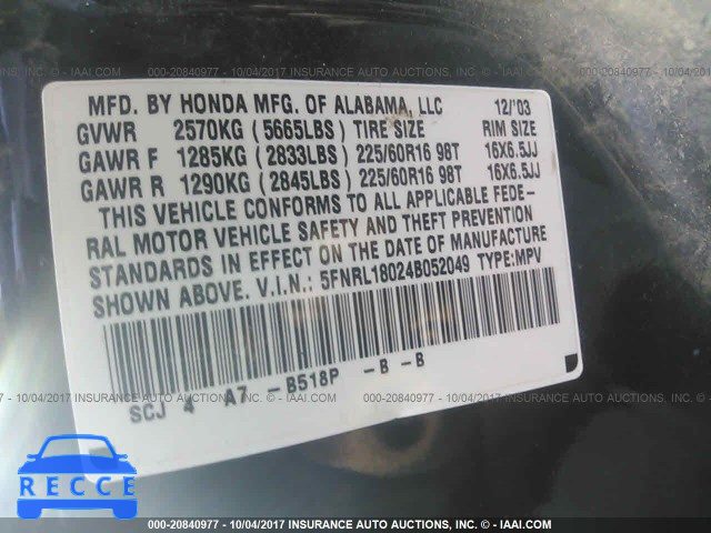 2004 Honda Odyssey 5FNRL18024B052049 image 8