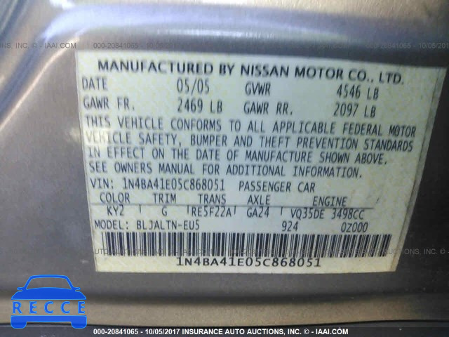 2005 Nissan Maxima SE/SL 1N4BA41E05C868051 image 8