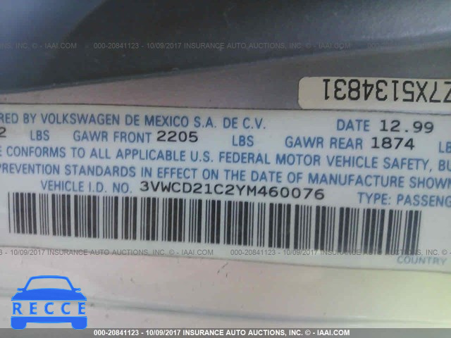 2000 VOLKSWAGEN NEW BEETLE 3VWCD21C2YM460076 image 8