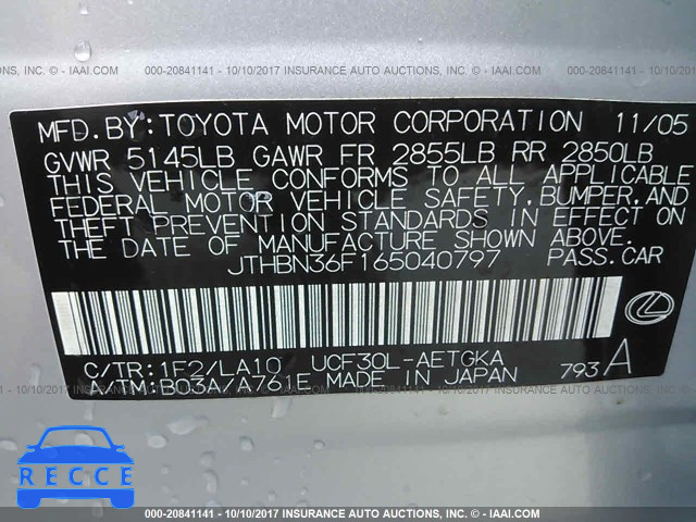 2006 Lexus LS 430 JTHBN36F165040797 Bild 8