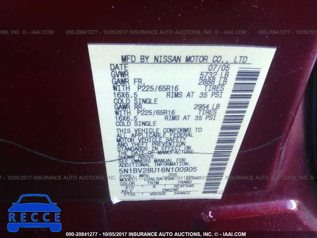 2006 Nissan Quest 5N1BV28U16N100905 image 8