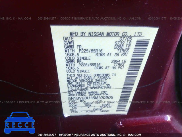 2006 Nissan Quest 5N1BV28U16N100905 зображення 8