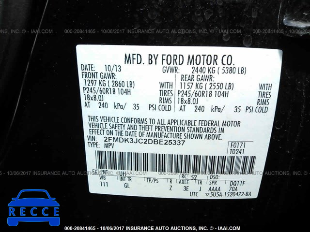 2013 Ford Edge SEL 2FMDK3JC2DBE25337 зображення 8