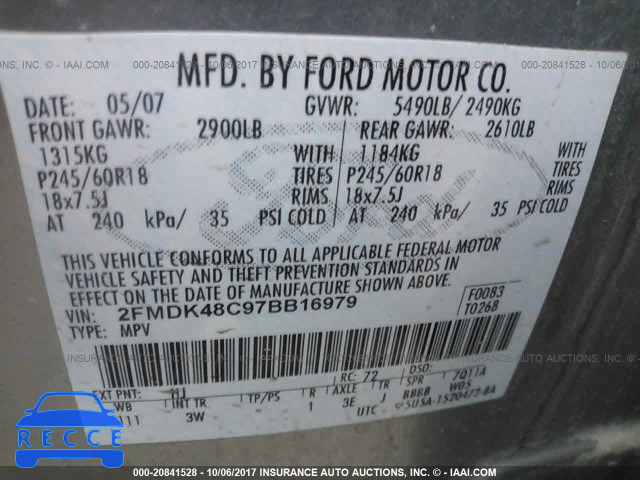 2007 Ford Edge 2FMDK48C97BB16979 image 8