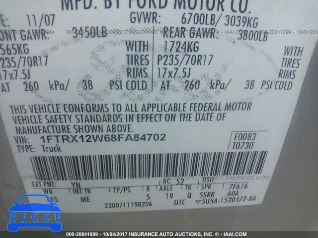 2008 Ford F150 1FTRX12W68FA84702 image 8