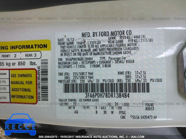 2013 Ford Fusion 3FA6P0H78DR138484 зображення 8