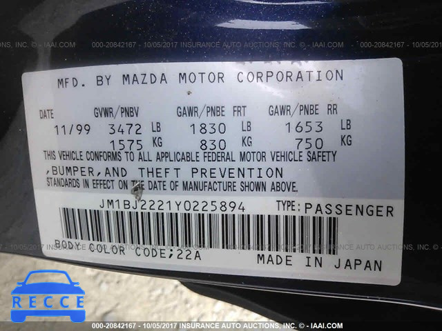 2000 Mazda Protege DX/LX JM1BJ2221Y0225894 Bild 8