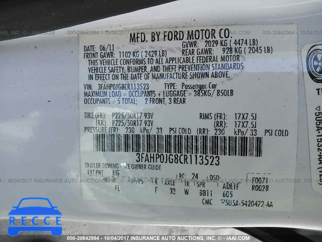 2012 Ford Fusion 3FAHP0JG8CR113523 image 8