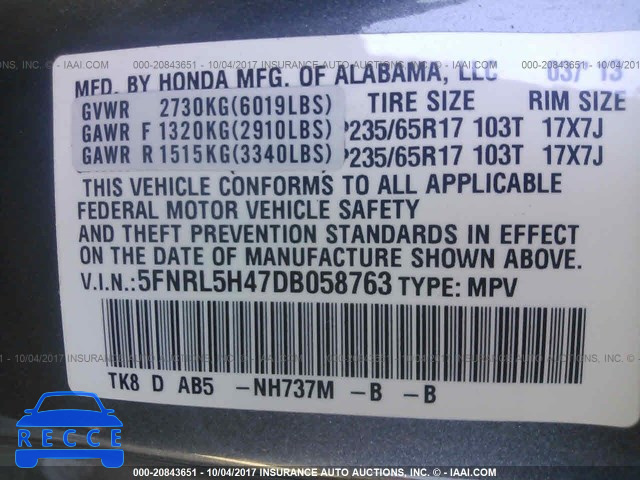 2013 Honda Odyssey 5FNRL5H47DB058763 image 8