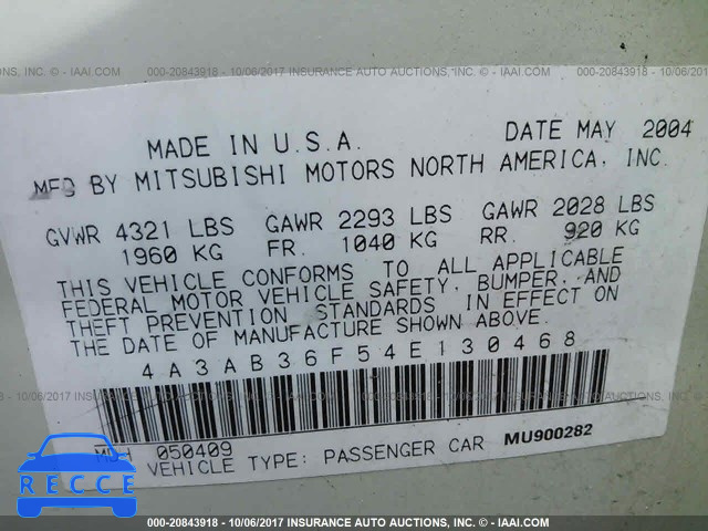 2004 Mitsubishi Galant ES MEDIUM/LS MEDIUM 4A3AB36F54E130468 зображення 8