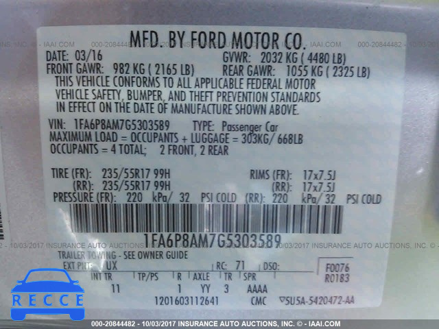 2016 Ford Mustang 1FA6P8AM7G5303589 зображення 8