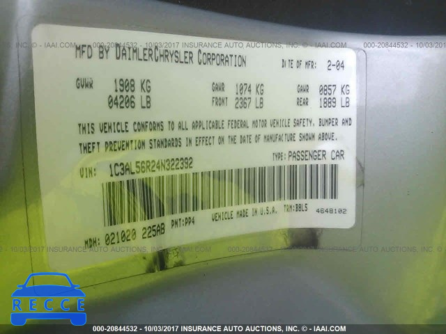 2004 CHRYSLER SEBRING 1C3AL56R24N322392 image 8