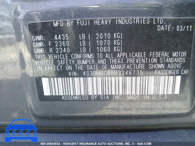 2011 Subaru Legacy 2.5I PREMIUM 4S3BMBG68B3246735 Bild 8