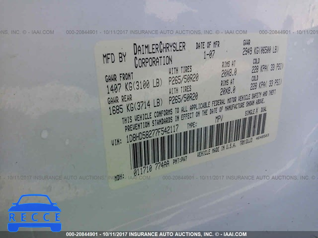 2007 Dodge Durango LIMITED 1D8HD58277F542117 image 8