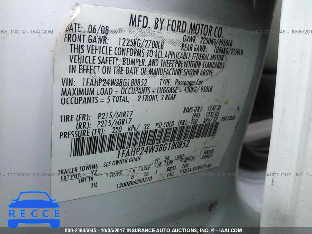 2008 FORD TAURUS 1FAHP24W38G180852 image 8