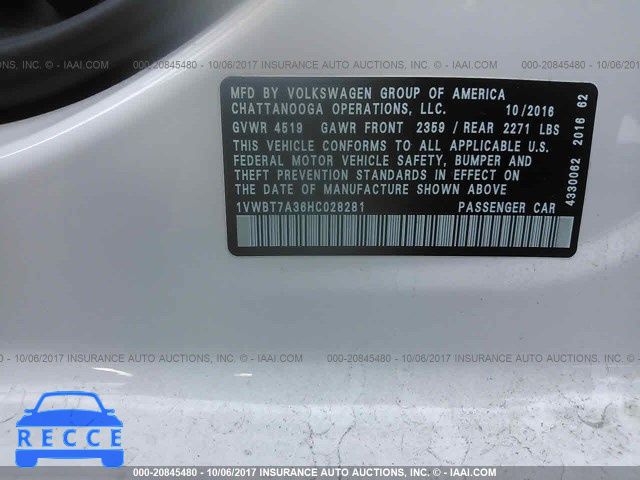 2017 VOLKSWAGEN PASSAT SE 1VWBT7A36HC028281 image 8