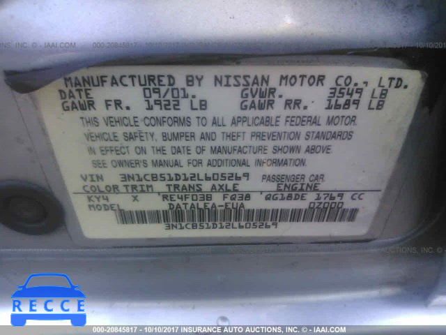 2002 Nissan Sentra 3N1CB51D12L605269 зображення 8