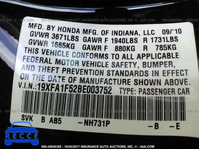 2011 Honda Civic 19XFA1F52BE003752 image 8