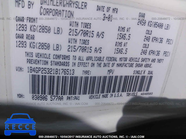 2001 DODGE CARAVAN SE 1B4GP25321B176513 image 8