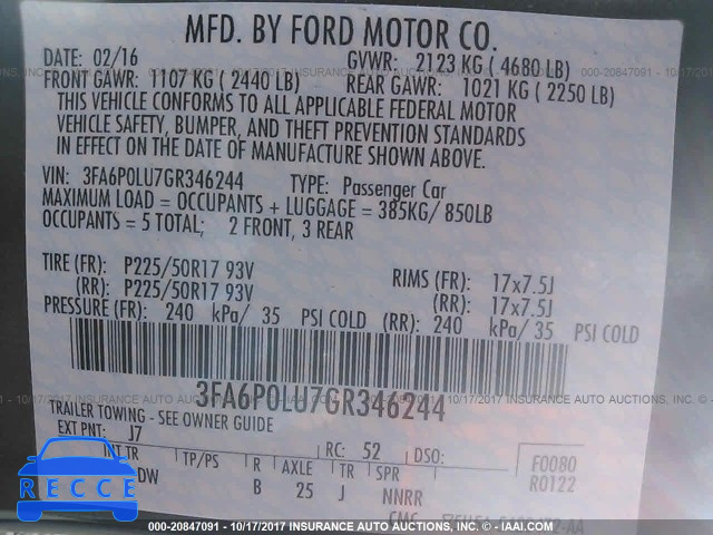 2016 Ford Fusion 3FA6P0LU7GR346244 image 8