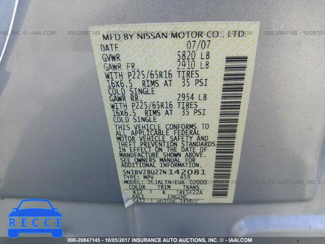 2007 Nissan Quest S/SE/SL 5N1BV28U27N142081 зображення 8