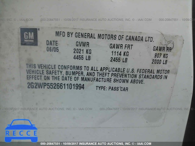 2006 PONTIAC GRAND PRIX 2G2WP552661101994 зображення 8