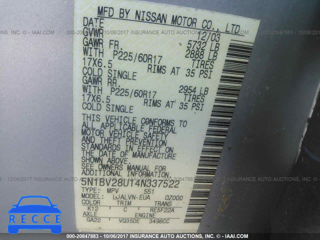 2004 NISSAN QUEST S/SE/SL 5N1BV28U14N337522 image 8