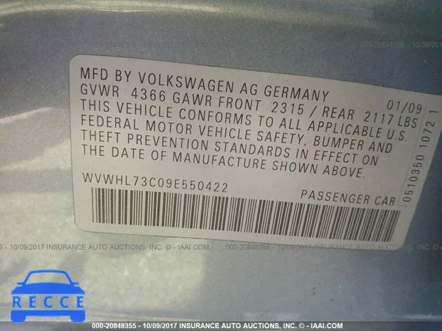 2009 Volkswagen CC LUXURY WVWHL73C09E550422 зображення 8