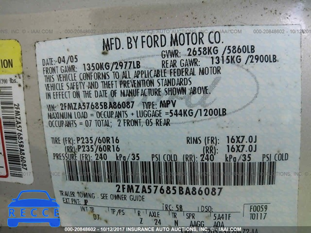 2005 Ford Freestar SES 2FMZA57685BA86087 Bild 8