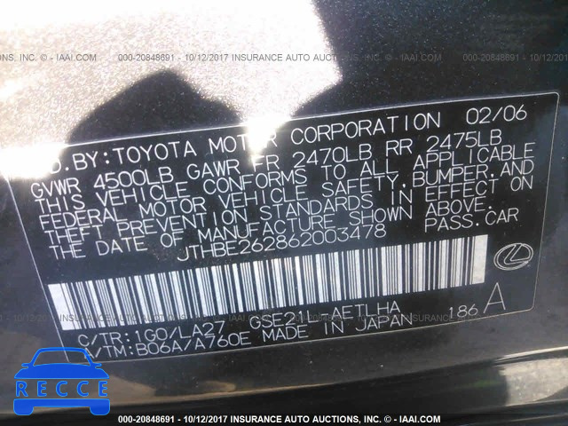 2006 Lexus IS JTHBE262862003478 image 8