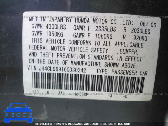 2006 Acura TSX JH4CL96916C030242 зображення 8