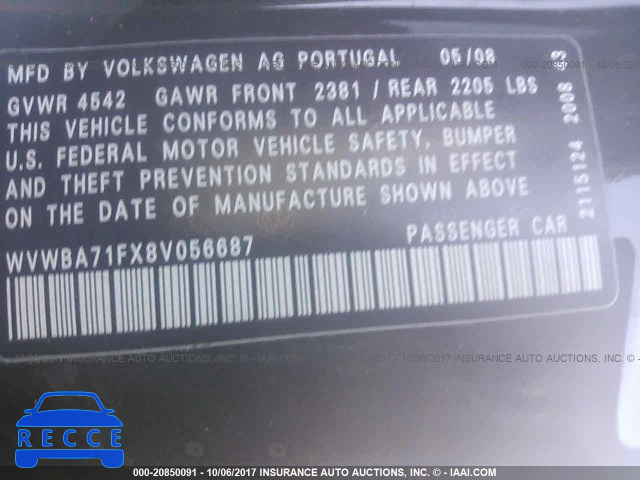 2008 Volkswagen EOS WVWBA71FX8V056687 зображення 8