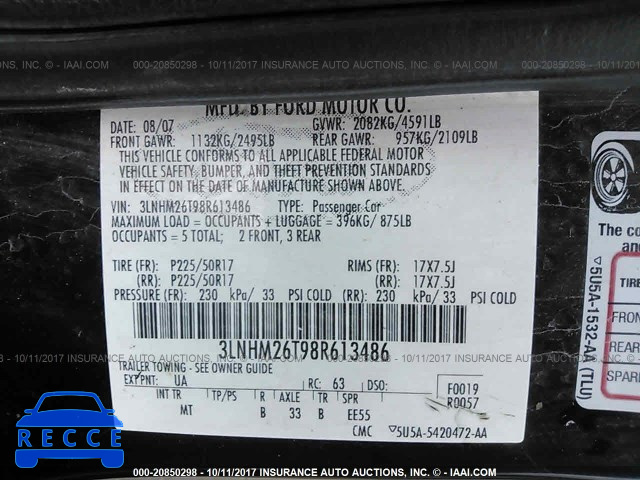 2008 LINCOLN MKZ 3LNHM26T98R613486 Bild 8