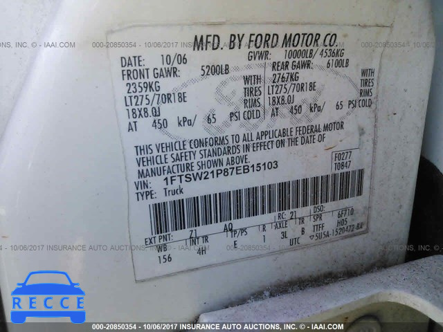 2007 Ford F250 SUPER DUTY 1FTSW21P87EB15103 зображення 8