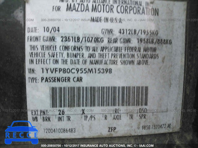 2005 Mazda 6 I 1YVFP80C955M15398 зображення 8