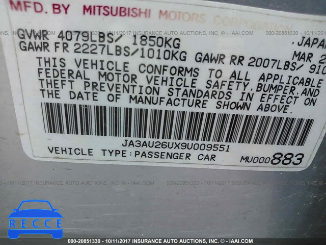 2009 Mitsubishi Lancer ES/ES SPORT JA3AU26UX9U009551 зображення 8