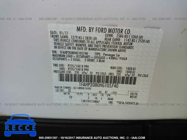 2017 FORD TAURUS SE 1FAHP2D80HG105740 image 8