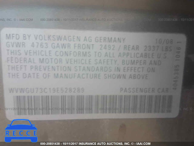 2009 Volkswagen CC VR6 4MOTION WVWGU73C19E528289 зображення 8